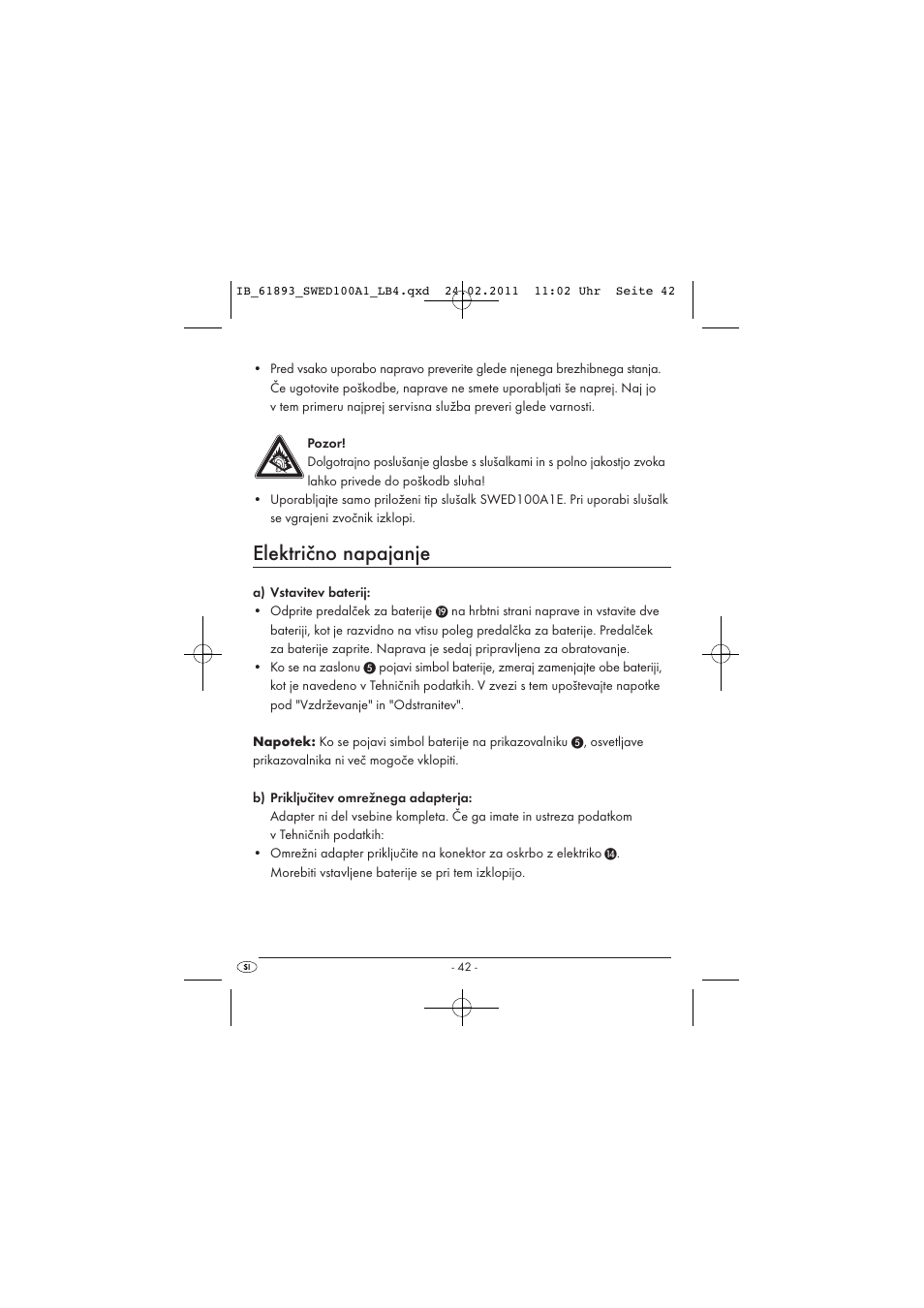 Električno napajanje | Silvercrest SWED 100 A1 User Manual | Page 44 / 74