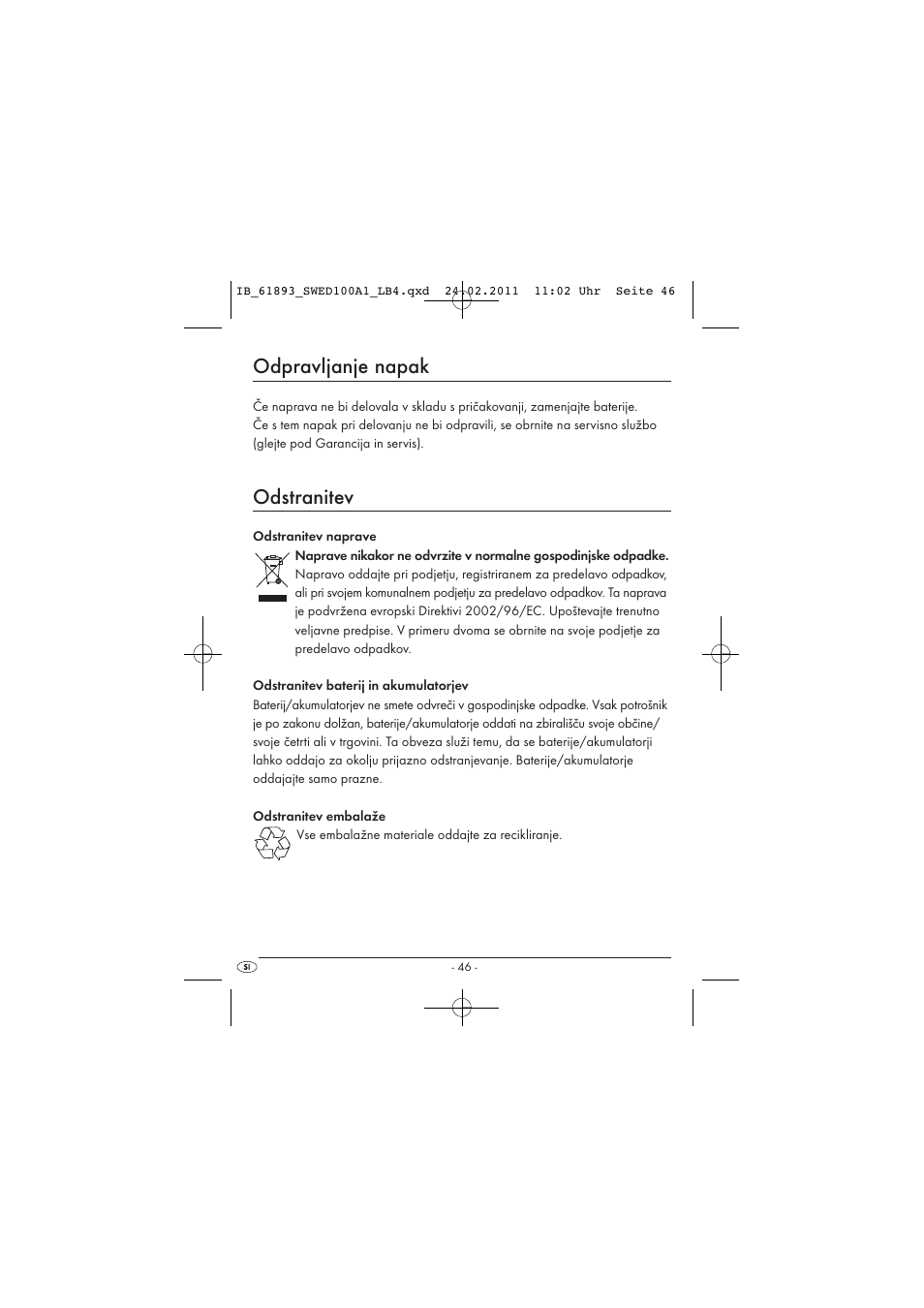 Odpravljanje napak, Odstranitev | Silvercrest SWED 100 A1 User Manual | Page 48 / 74