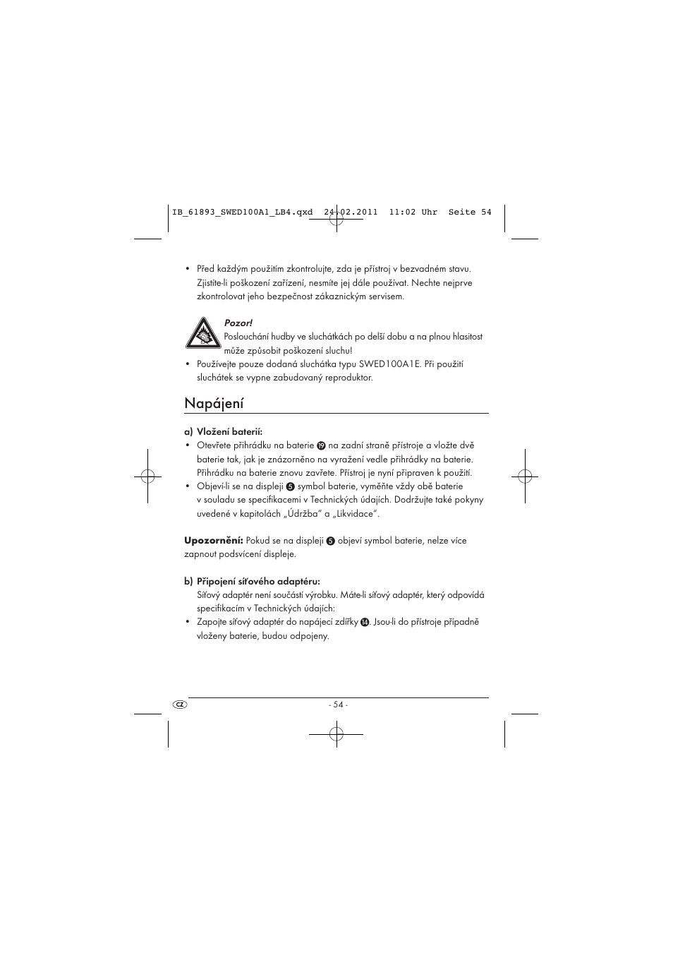 Napájení | Silvercrest SWED 100 A1 User Manual | Page 56 / 74