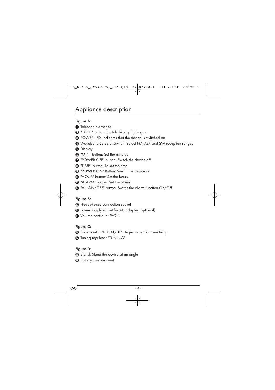 Appliance description | Silvercrest SWED 100 A1 User Manual | Page 6 / 74