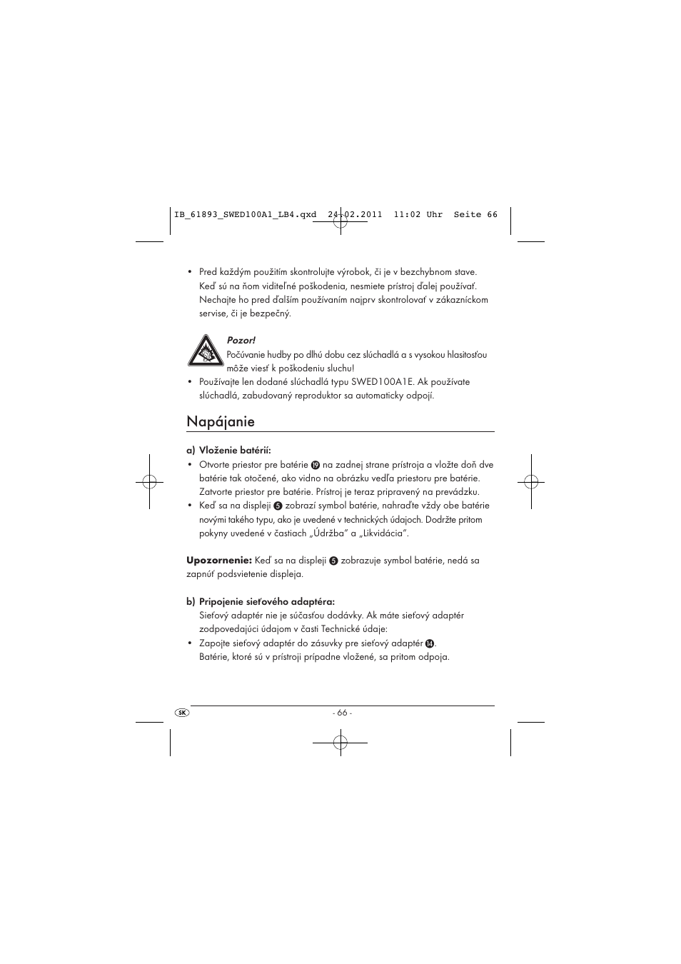 Napájanie | Silvercrest SWED 100 A1 User Manual | Page 68 / 74