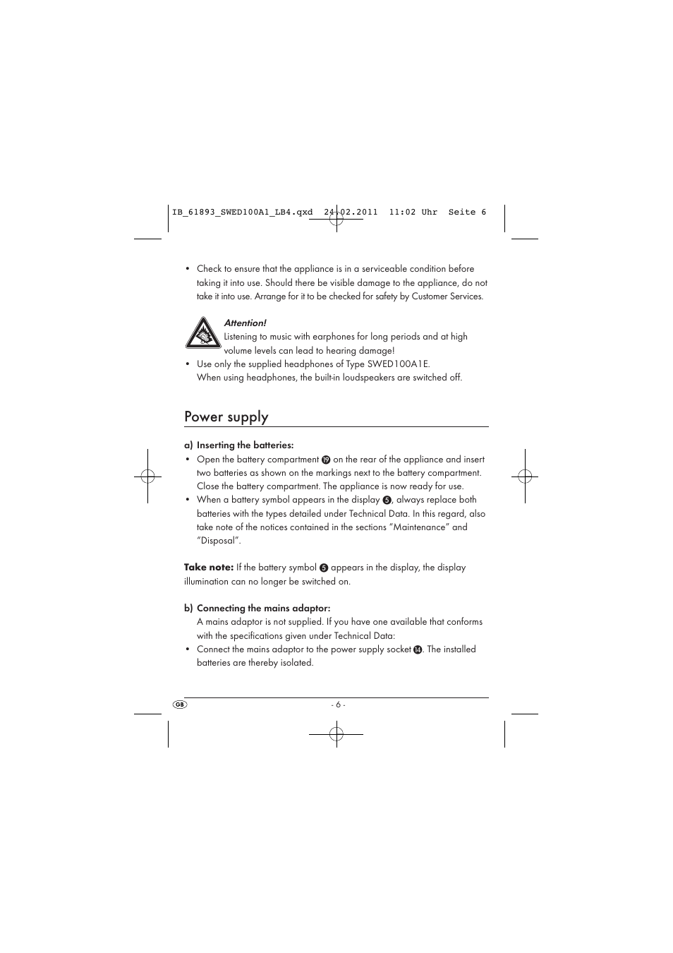 Power supply | Silvercrest SWED 100 A1 User Manual | Page 8 / 74