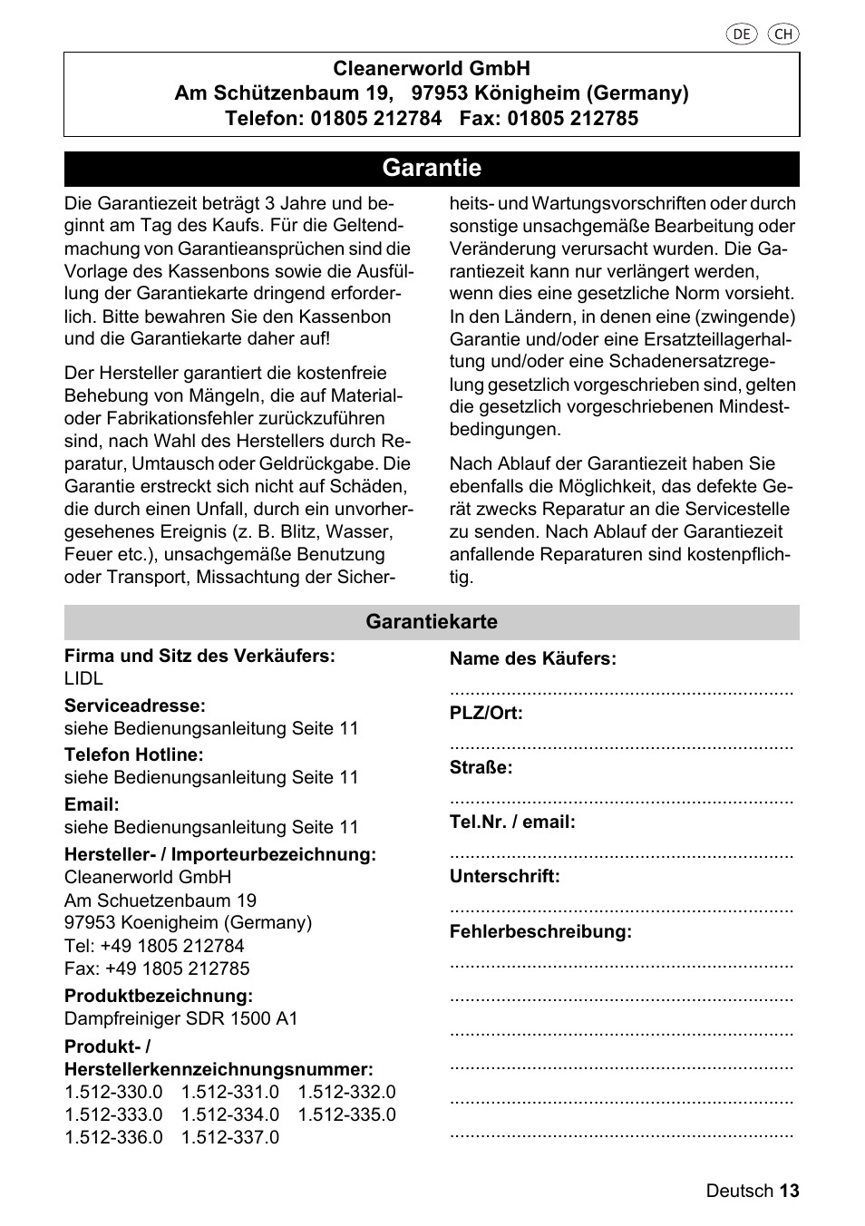 Garantie | Silvercrest SDR 1500 A1 User Manual | Page 13 / 80