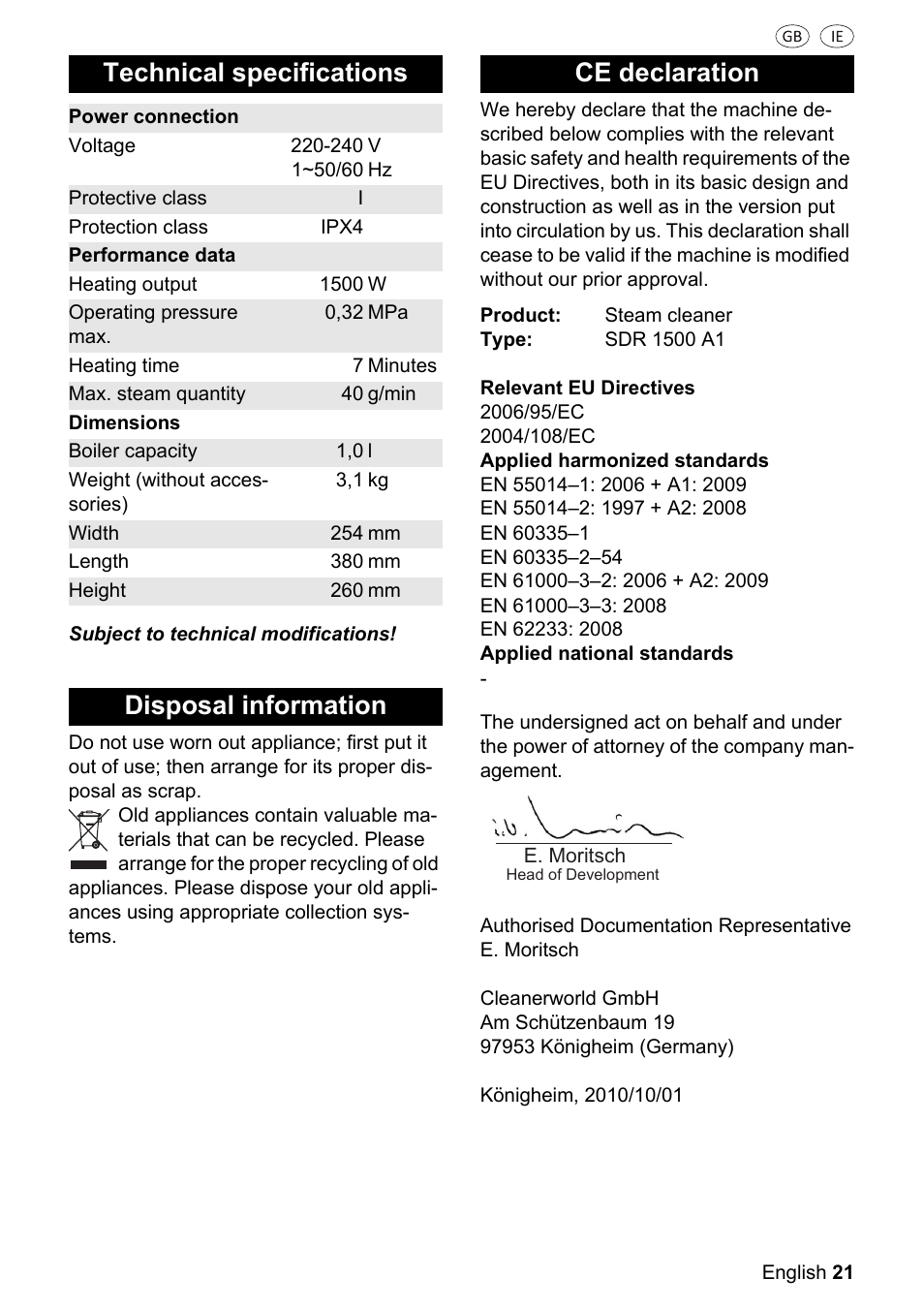 Technical specifications, Disposal information ce declaration | Silvercrest SDR 1500 A1 User Manual | Page 21 / 80