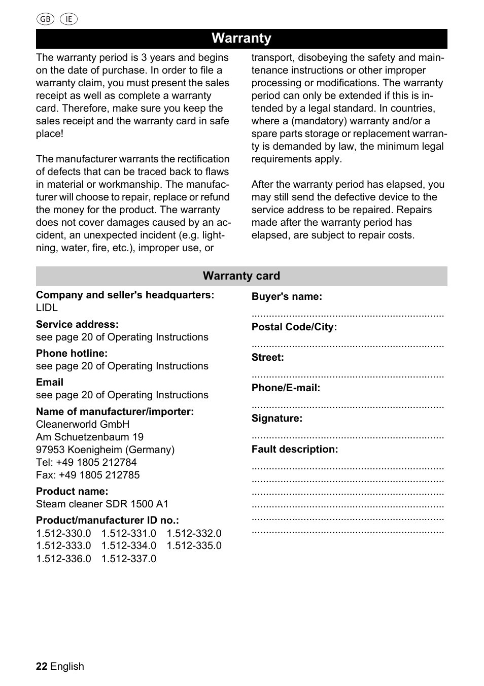 Warranty | Silvercrest SDR 1500 A1 User Manual | Page 22 / 80