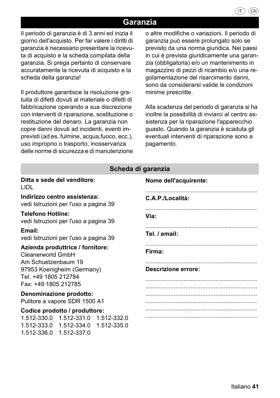 Garanzia | Silvercrest SDR 1500 A1 User Manual | Page 41 / 80