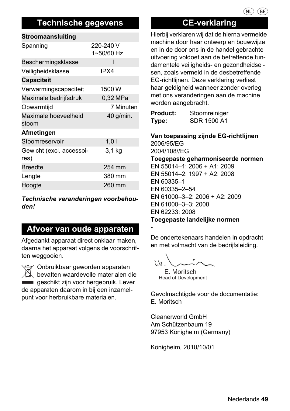 Technische gegevens, Afvoer van oude apparaten ce-verklaring | Silvercrest SDR 1500 A1 User Manual | Page 49 / 80