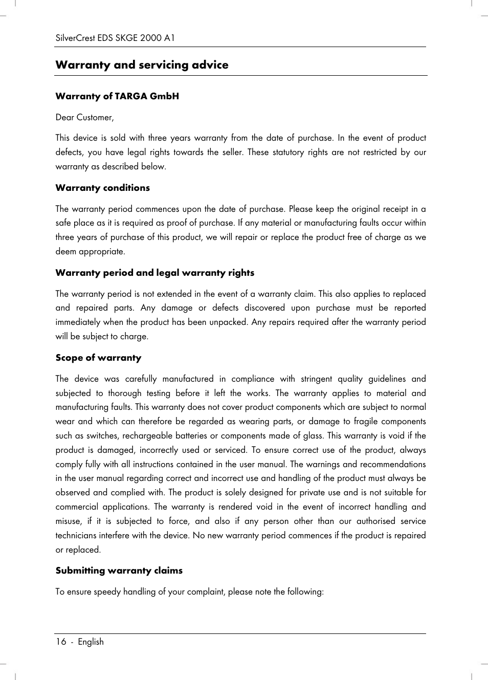 Warranty and servicing advice | Silvercrest SKGE 2000 A1 User Manual | Page 18 / 100
