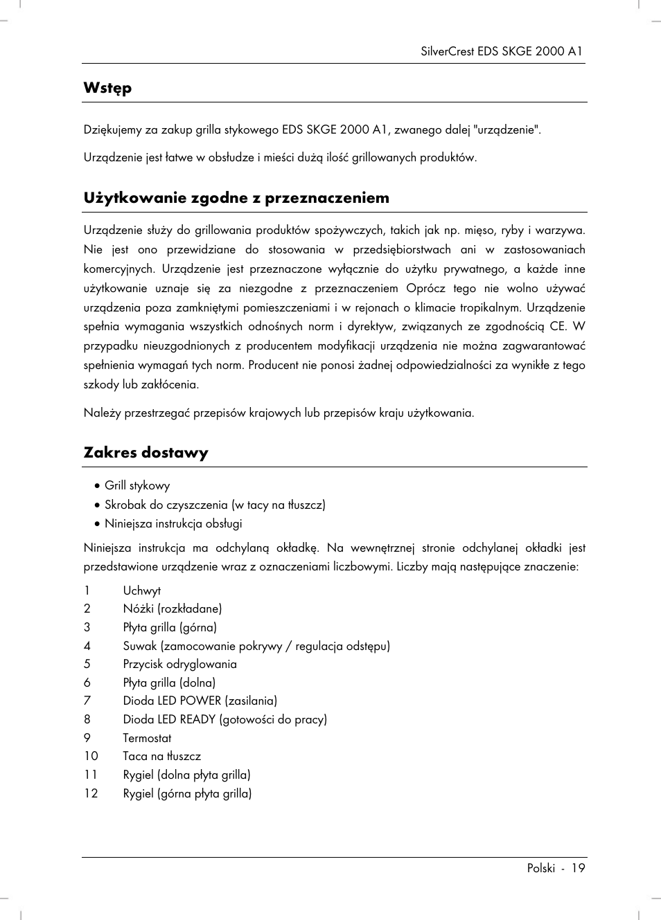 Wstęp, Użytkowanie zgodne z przeznaczeniem, Zakres dostawy | Silvercrest SKGE 2000 A1 User Manual | Page 21 / 100