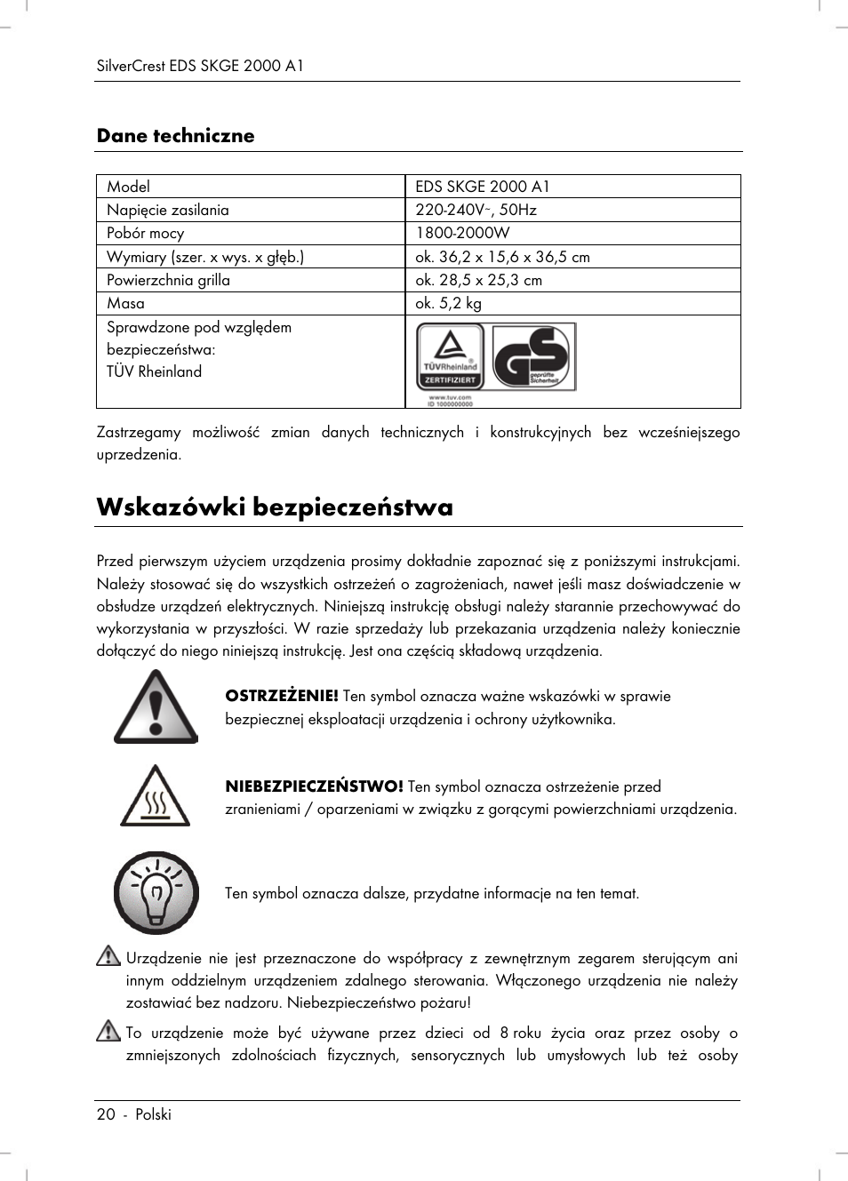 Wskazówki bezpieczeństwa, Dane techniczne | Silvercrest SKGE 2000 A1 User Manual | Page 22 / 100