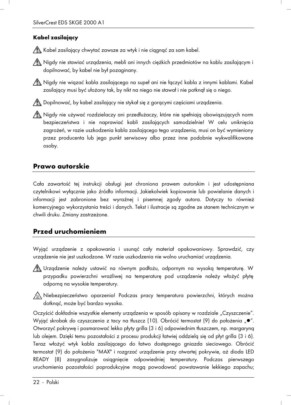 Prawo autorskie, Przed uruchomieniem | Silvercrest SKGE 2000 A1 User Manual | Page 24 / 100