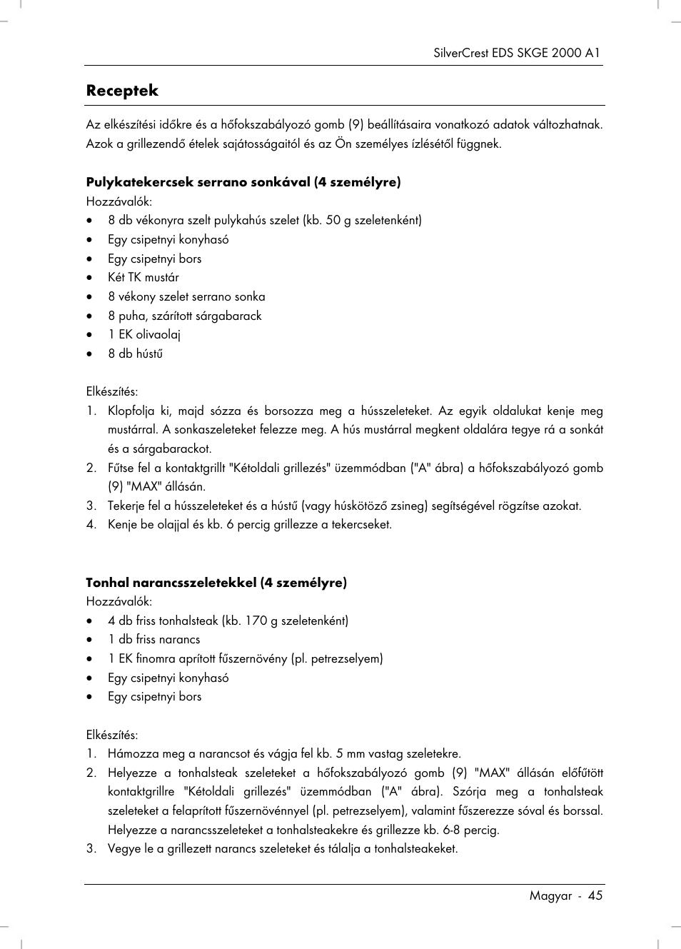 Receptek | Silvercrest SKGE 2000 A1 User Manual | Page 47 / 100
