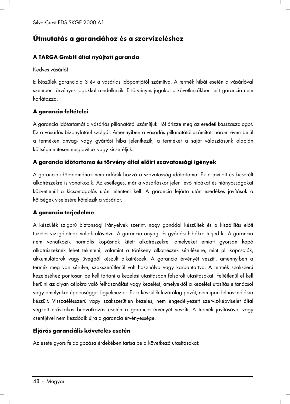 Útmutatás a garanciához és a szervizeléshez | Silvercrest SKGE 2000 A1 User Manual | Page 50 / 100