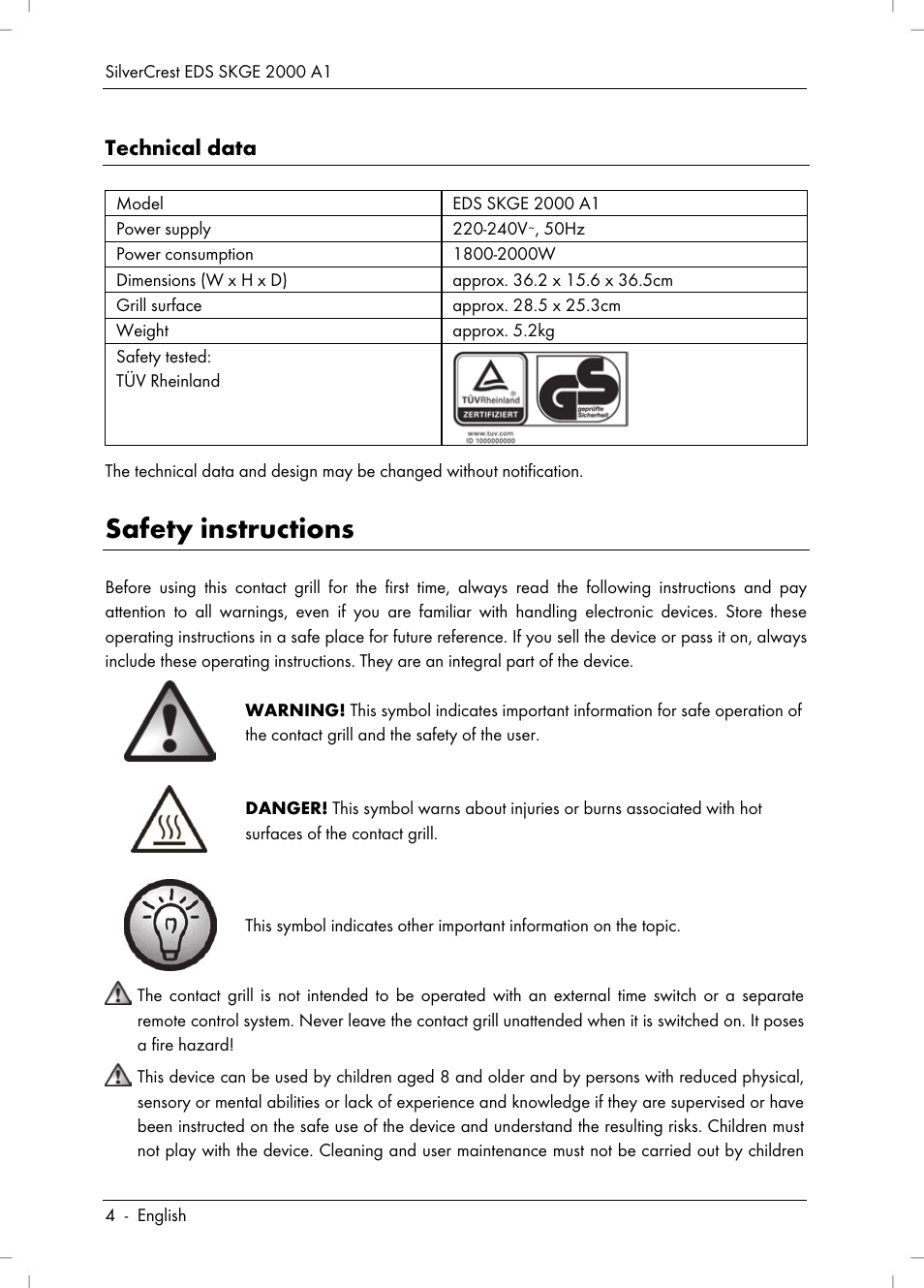 Safety instructions, Technical data | Silvercrest SKGE 2000 A1 User Manual | Page 6 / 100