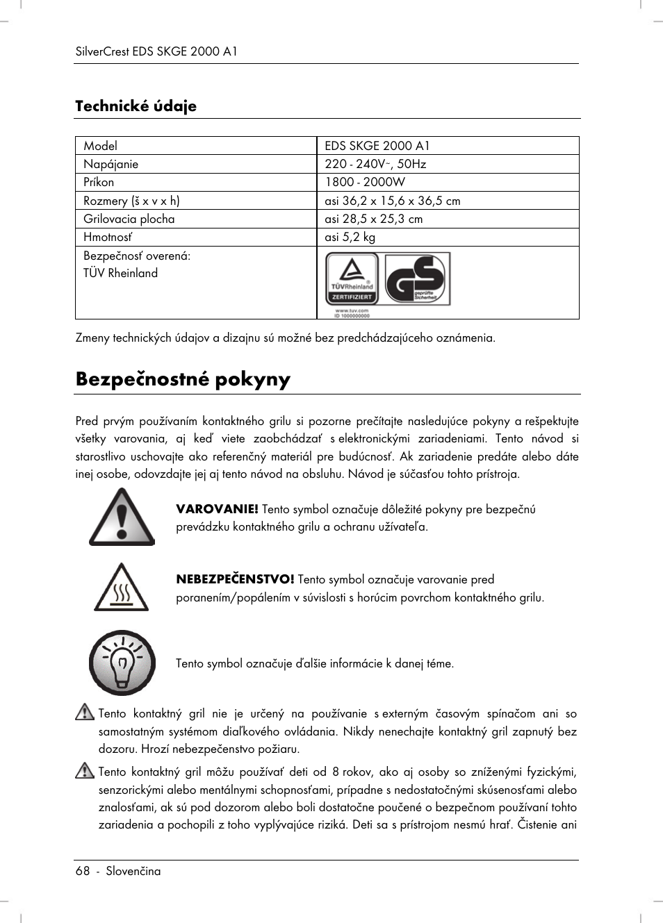 Bezpečnostné pokyny, Technické údaje | Silvercrest SKGE 2000 A1 User Manual | Page 70 / 100