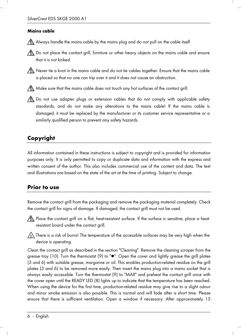 Copyright, Prior to use | Silvercrest SKGE 2000 A1 User Manual | Page 8 / 100
