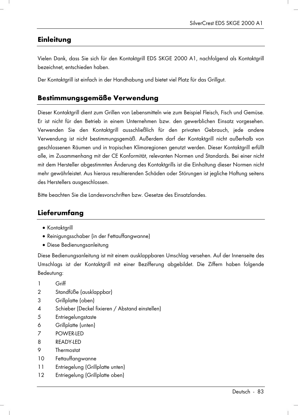 Einleitung, Bestimmungsgemäße verwendung, Lieferumfang | Silvercrest SKGE 2000 A1 User Manual | Page 85 / 100