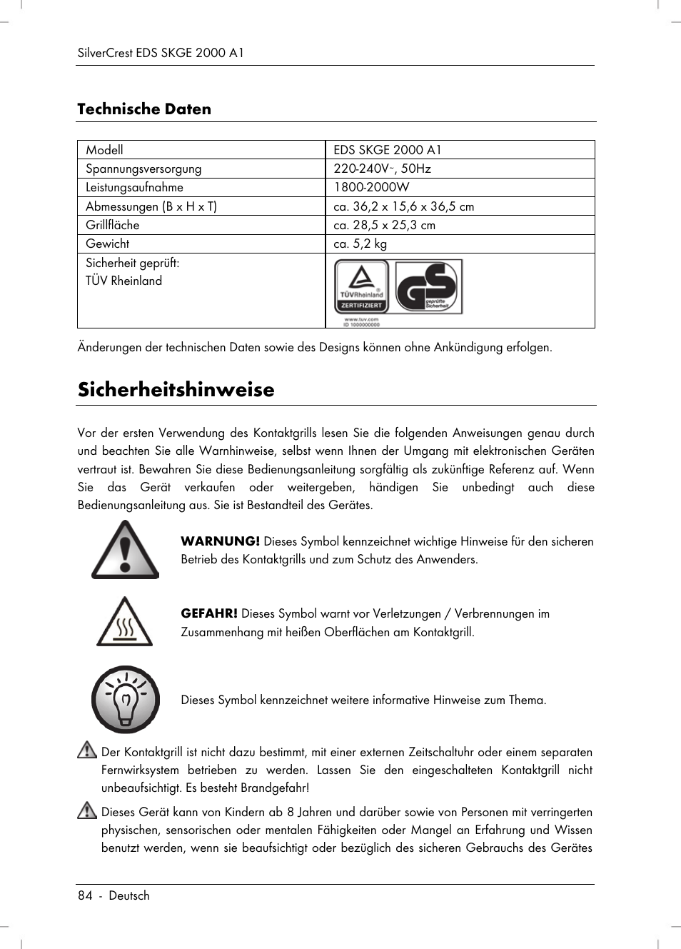 Sicherheitshinweise, Technische daten | Silvercrest SKGE 2000 A1 User Manual | Page 86 / 100