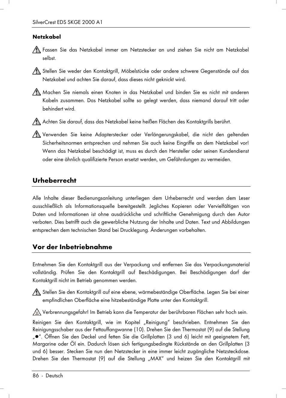 Urheberrecht, Vor der inbetriebnahme | Silvercrest SKGE 2000 A1 User Manual | Page 88 / 100