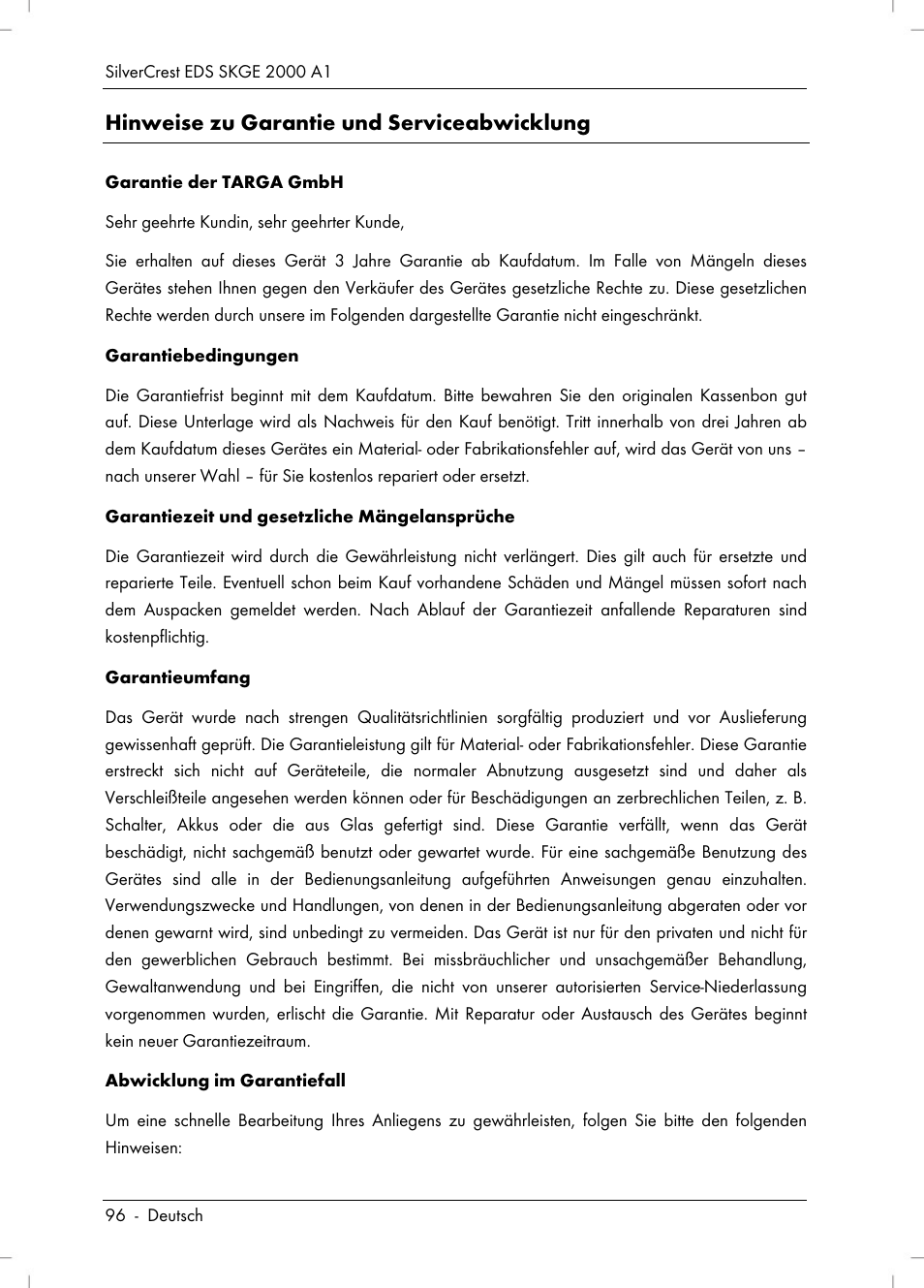 Hinweise zu garantie und serviceabwicklung | Silvercrest SKGE 2000 A1 User Manual | Page 98 / 100