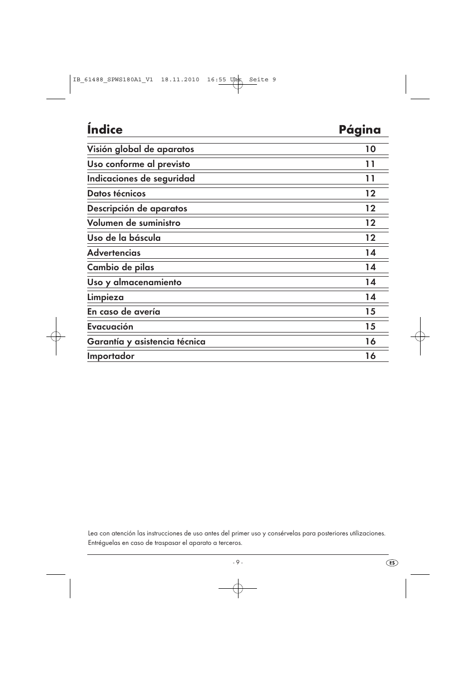 Índice página | Silvercrest SPWS 180 A1 User Manual | Page 10 / 41