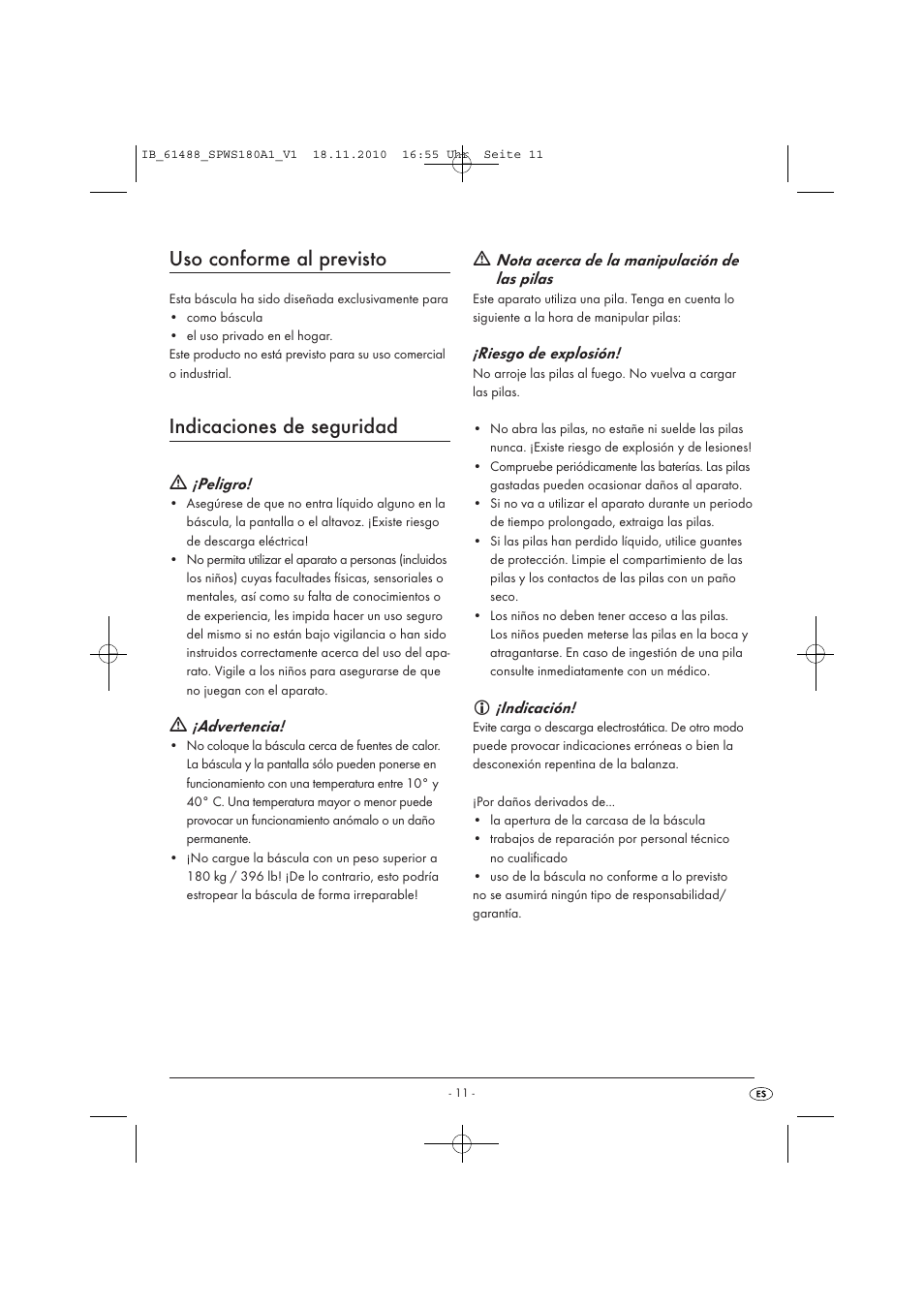 Uso conforme al previsto, Indicaciones de seguridad | Silvercrest SPWS 180 A1 User Manual | Page 12 / 41