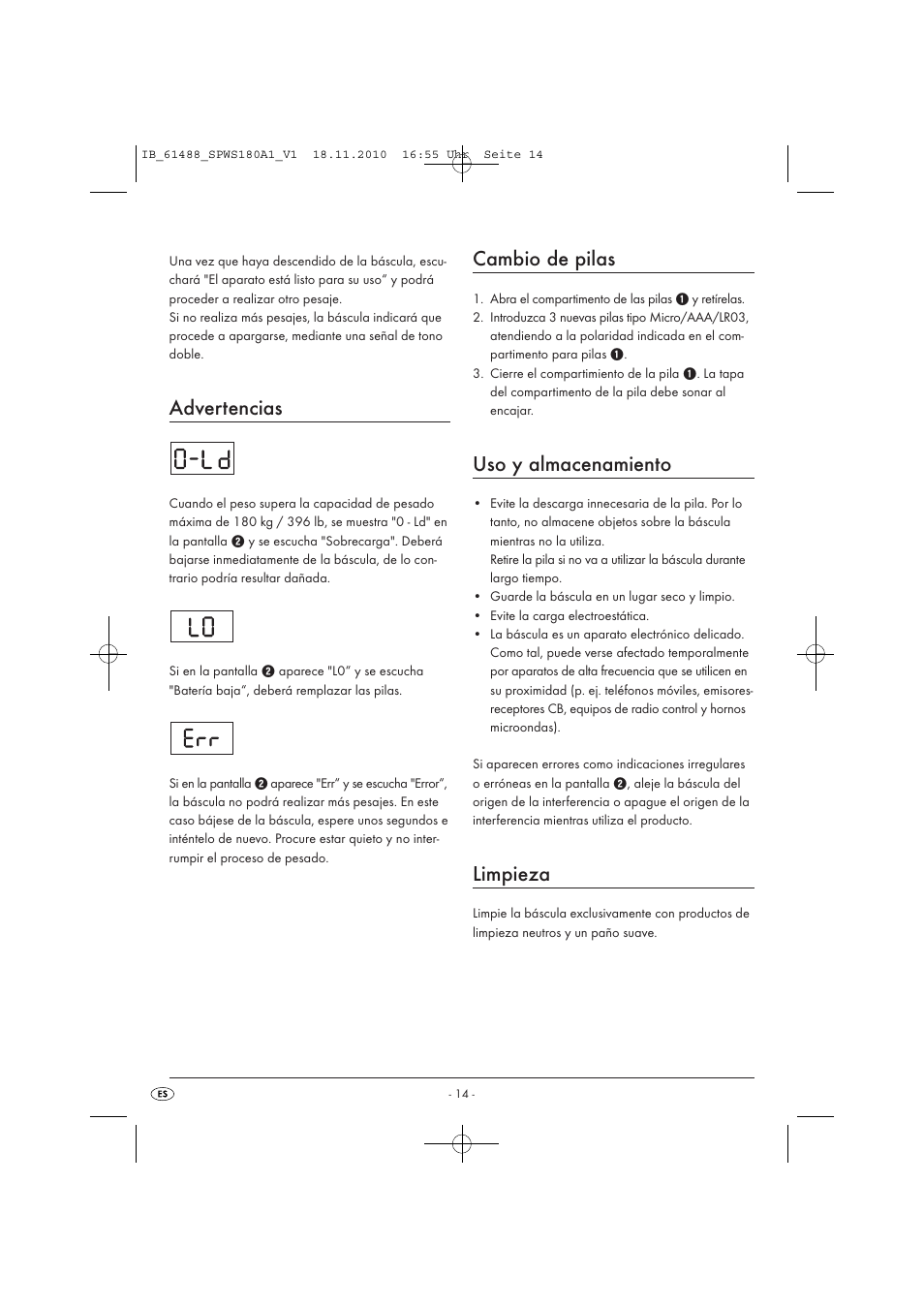 Advertencias, Cambio de pilas, Uso y almacenamiento | Limpieza | Silvercrest SPWS 180 A1 User Manual | Page 15 / 41