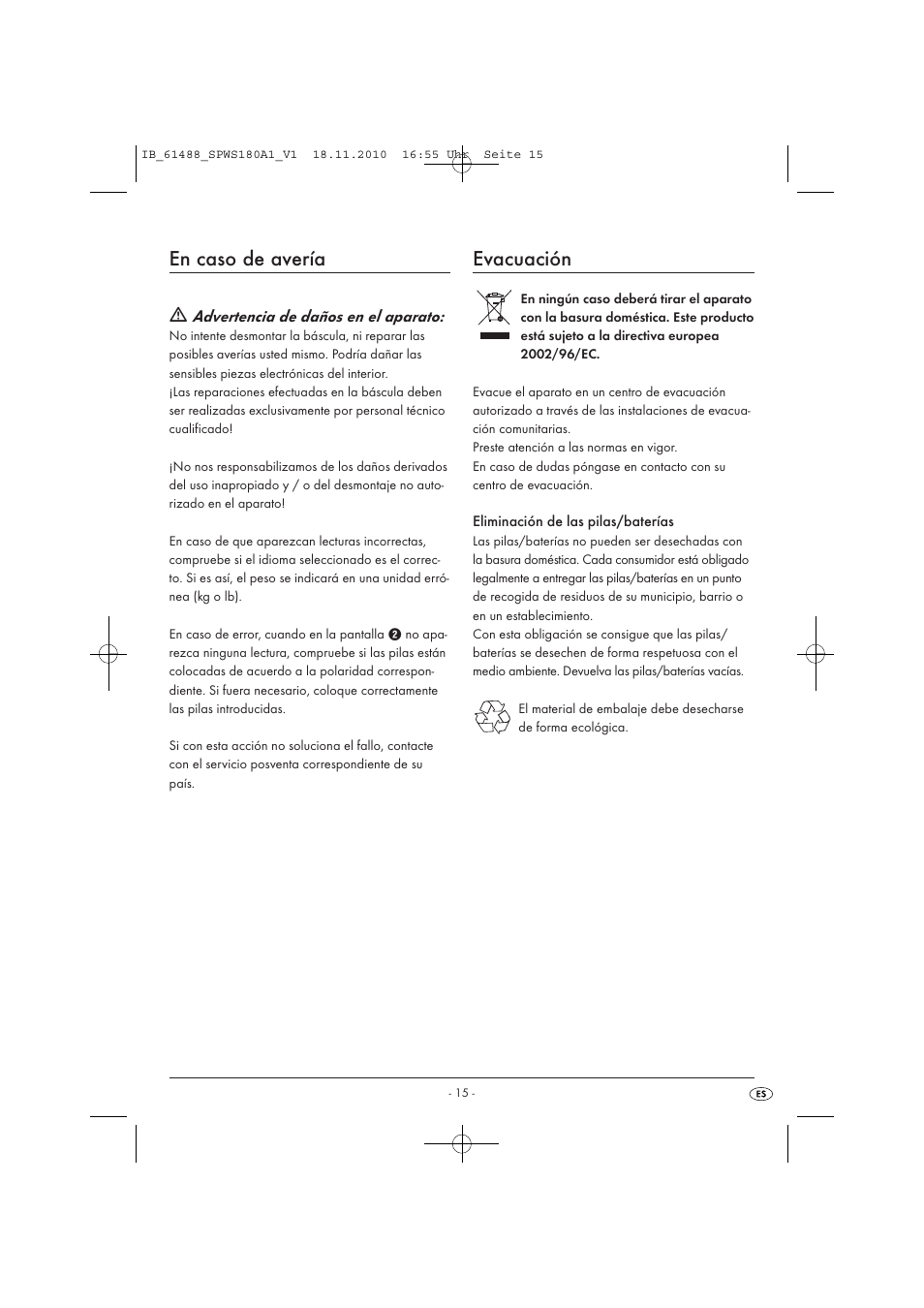 En caso de avería, Evacuación | Silvercrest SPWS 180 A1 User Manual | Page 16 / 41