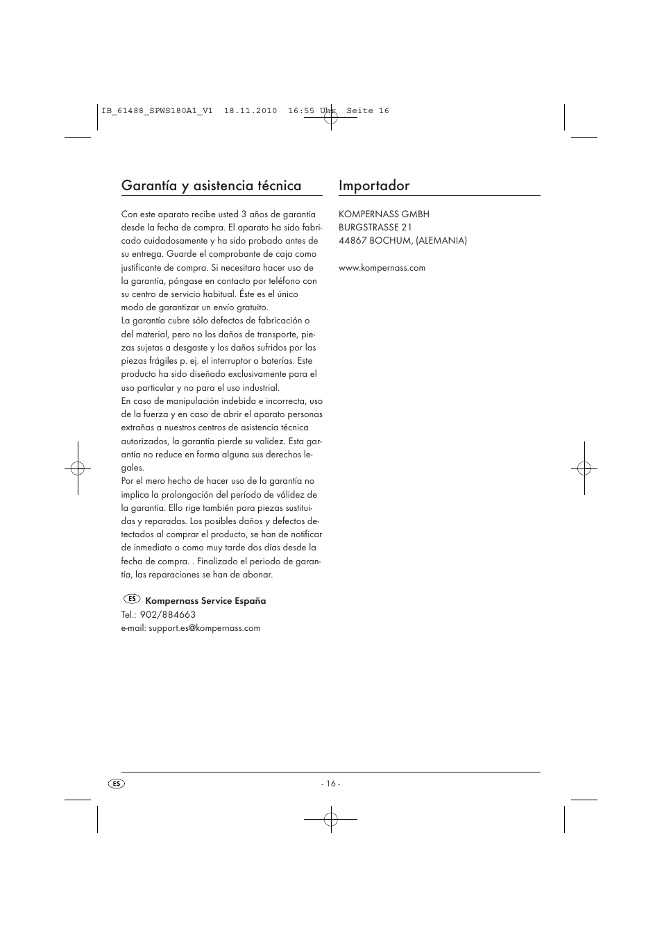 Garantía y asistencia técnica, Importador | Silvercrest SPWS 180 A1 User Manual | Page 17 / 41