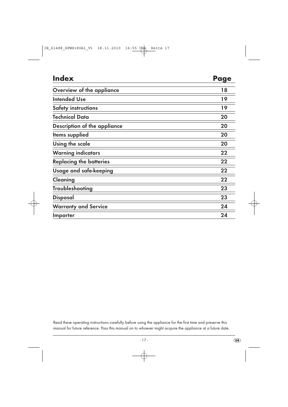 Index page | Silvercrest SPWS 180 A1 User Manual | Page 18 / 41