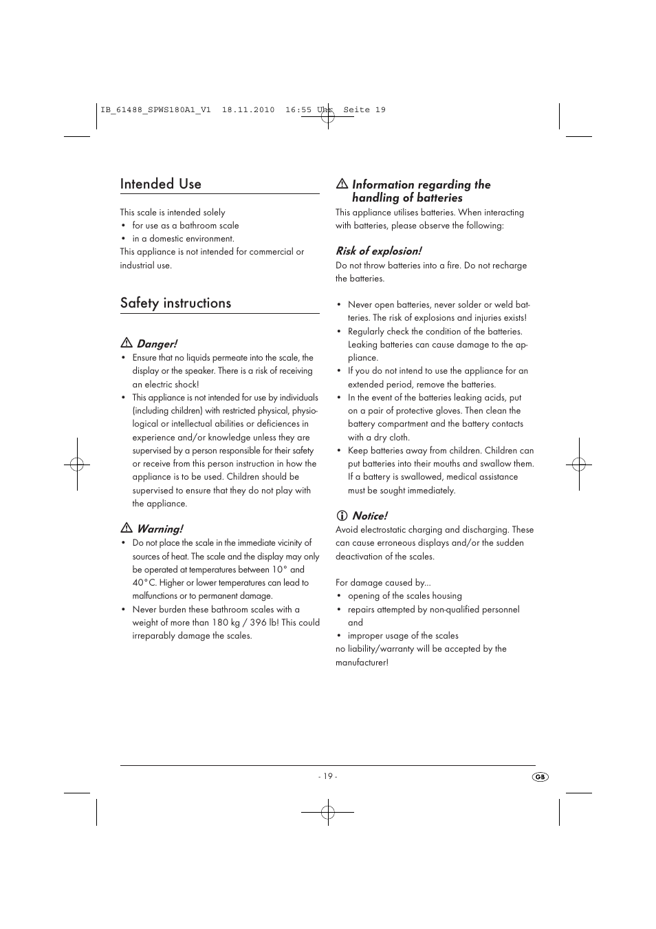 Intended use, Safety instructions, Information regarding the handling of batteries | Silvercrest SPWS 180 A1 User Manual | Page 20 / 41