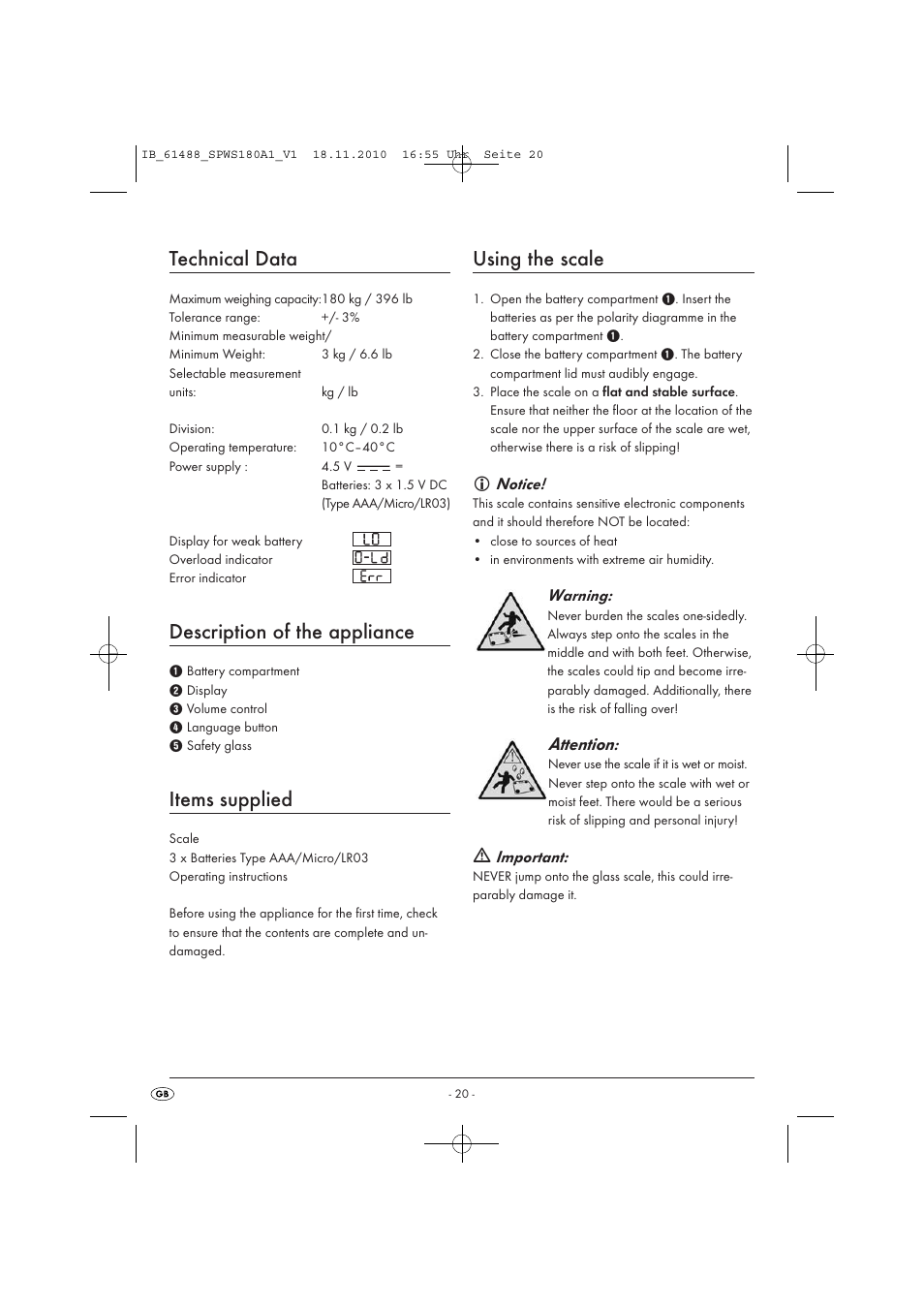 Technical data, Description of the appliance, Items supplied | Using the scale, Attention | Silvercrest SPWS 180 A1 User Manual | Page 21 / 41