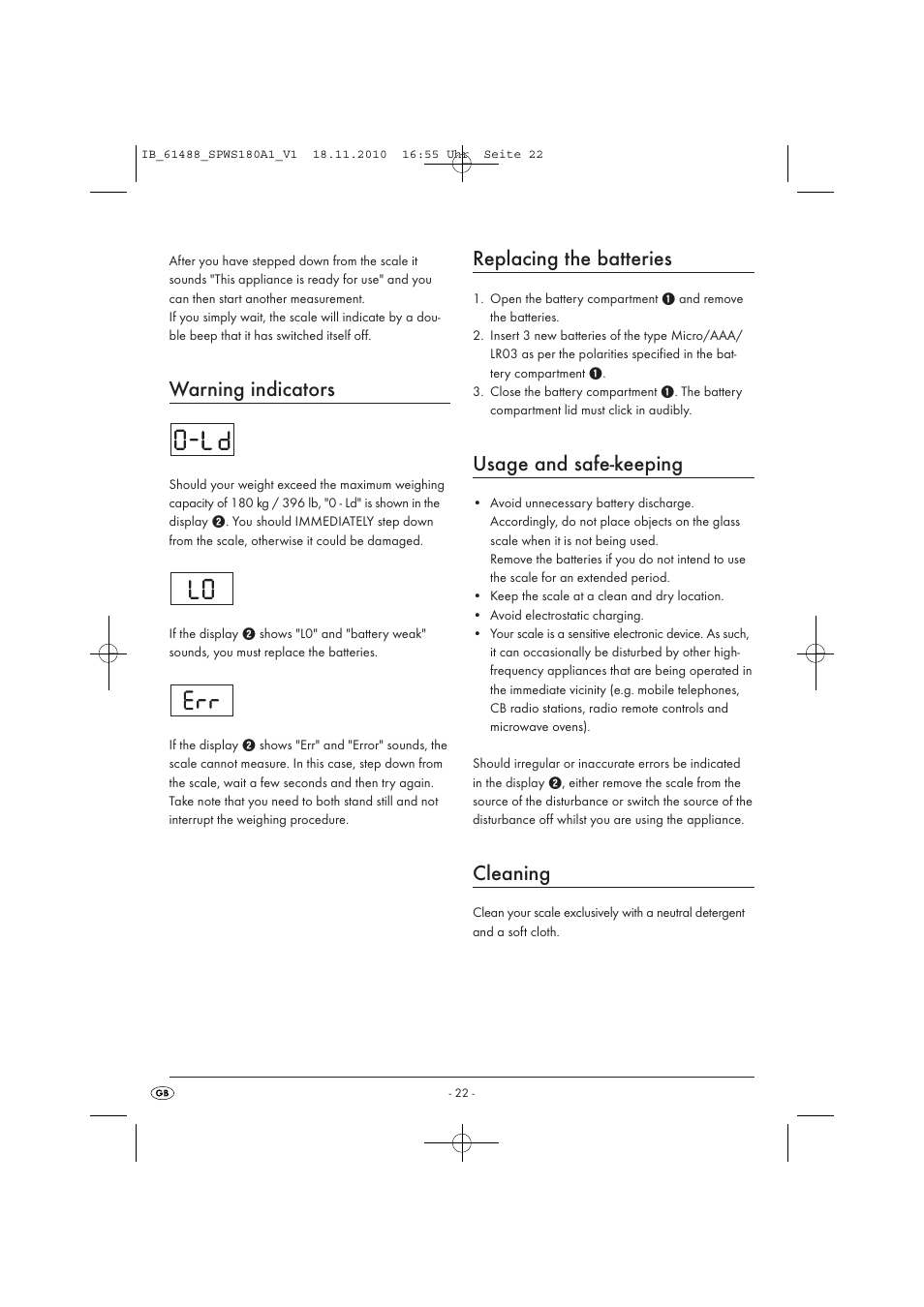 Warning indicators, Replacing the batteries, Usage and safe-keeping | Cleaning | Silvercrest SPWS 180 A1 User Manual | Page 23 / 41