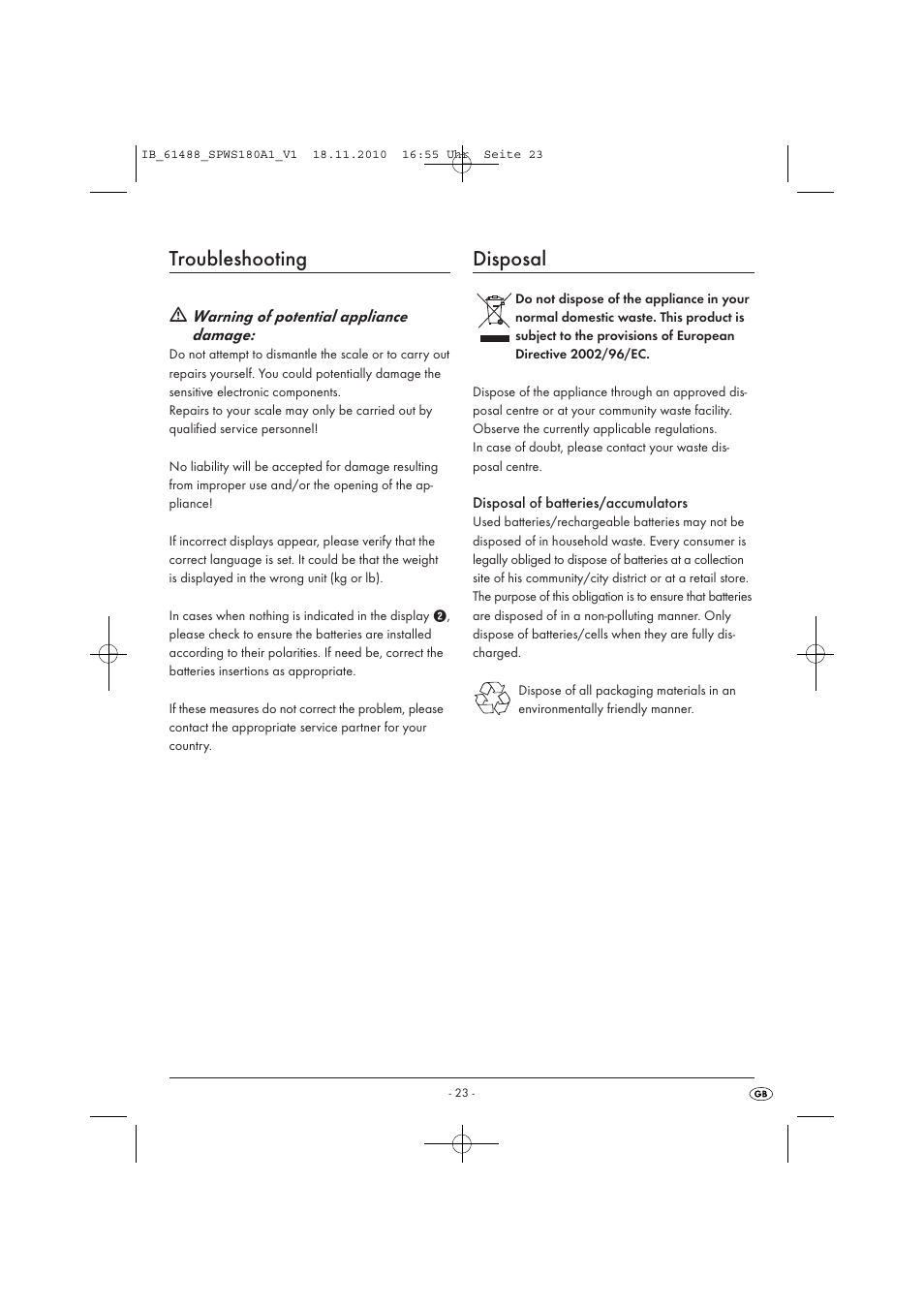 Troubleshooting, Disposal | Silvercrest SPWS 180 A1 User Manual | Page 24 / 41