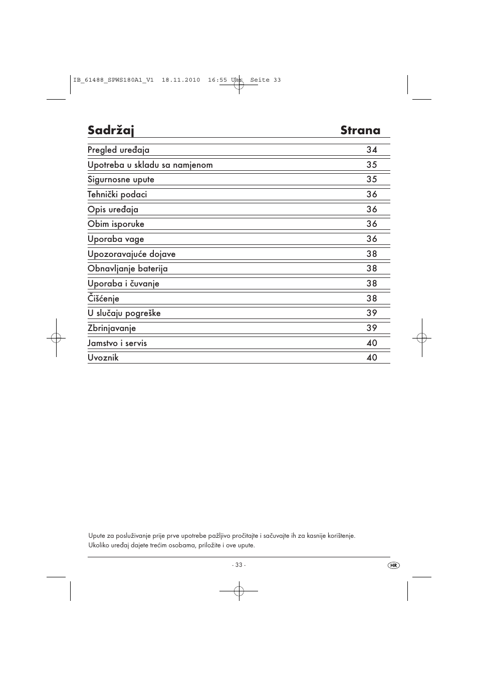 Sadržaj strana | Silvercrest SPWS 180 A1 User Manual | Page 34 / 41