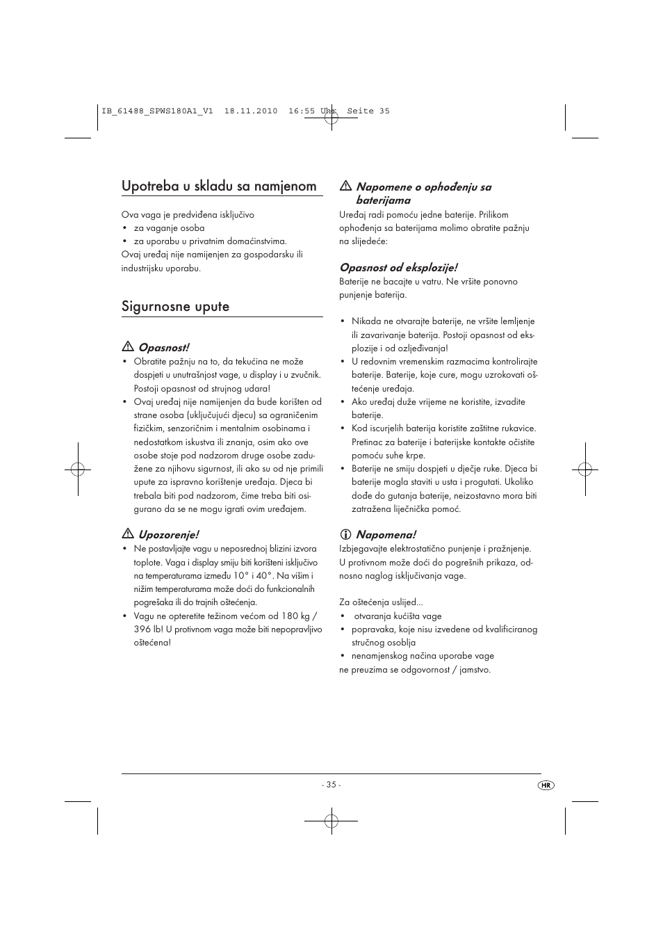 Upotreba u skladu sa namjenom, Sigurnosne upute | Silvercrest SPWS 180 A1 User Manual | Page 36 / 41