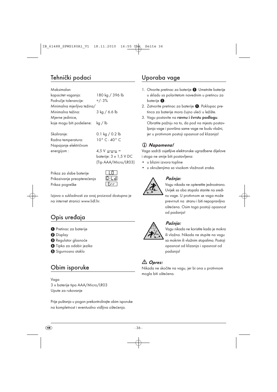 Tehnički podaci, Opis uređaja, Obim isporuke | Uporaba vage | Silvercrest SPWS 180 A1 User Manual | Page 37 / 41