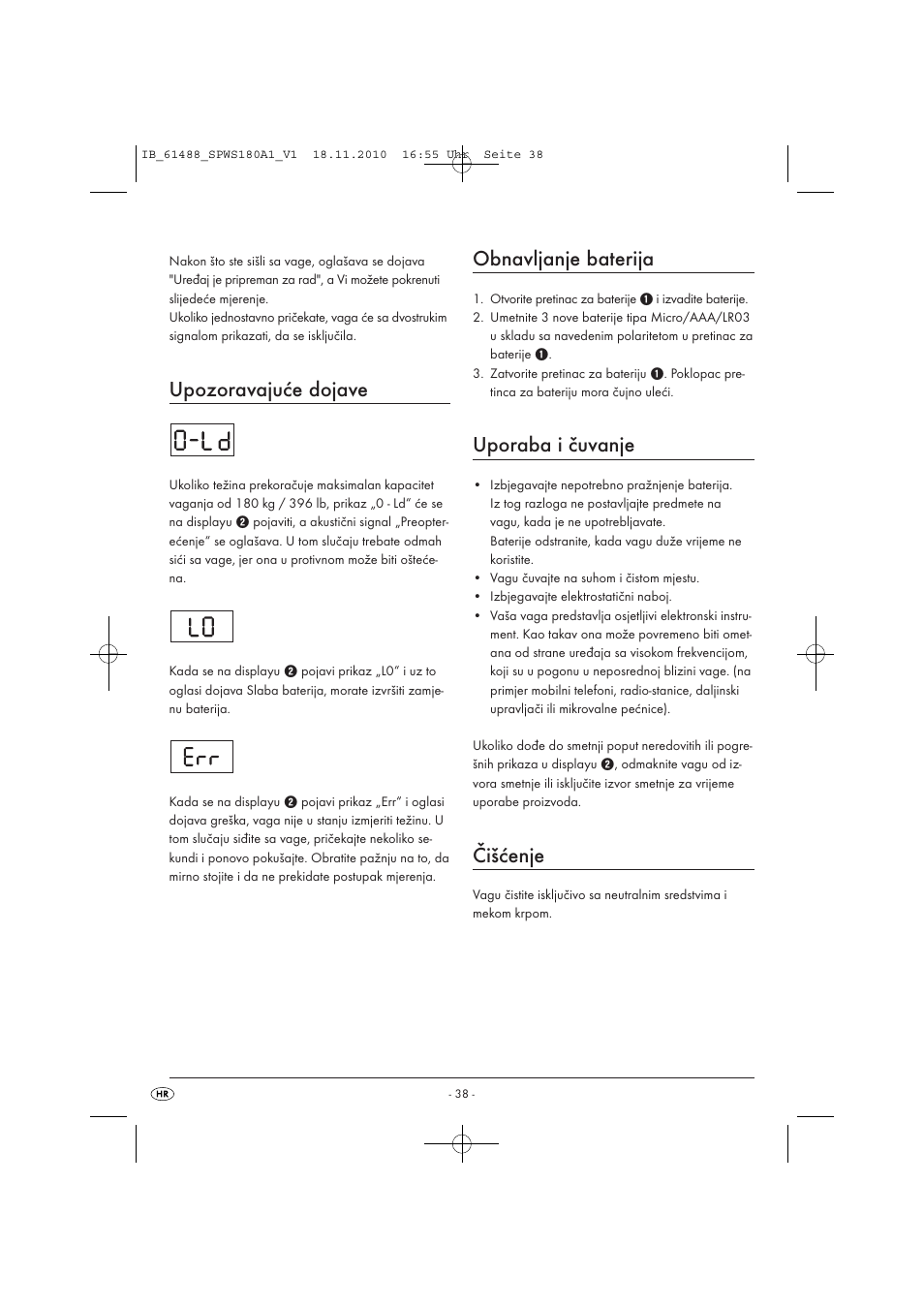 Upozoravajuće dojave, Obnavljanje baterija, Uporaba i čuvanje | Čišćenje | Silvercrest SPWS 180 A1 User Manual | Page 39 / 41