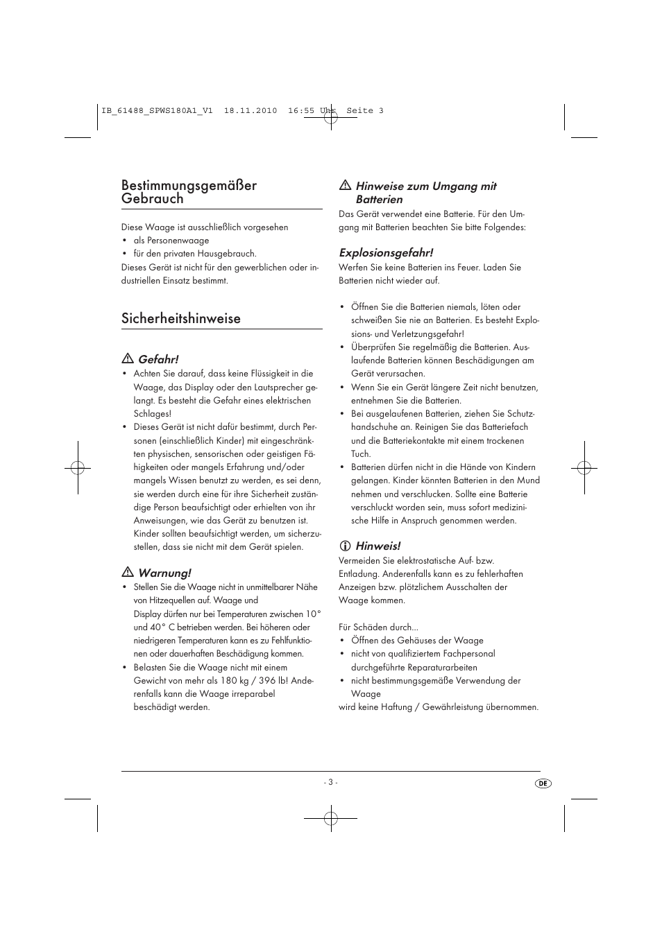 Bestimmungsgemäßer gebrauch, Sicherheitshinweise | Silvercrest SPWS 180 A1 User Manual | Page 4 / 41