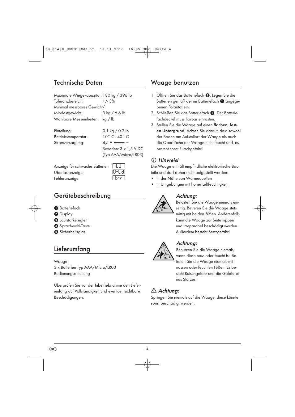 Technische daten, Gerätebeschreibung, Lieferumfang | Waage benutzen | Silvercrest SPWS 180 A1 User Manual | Page 5 / 41
