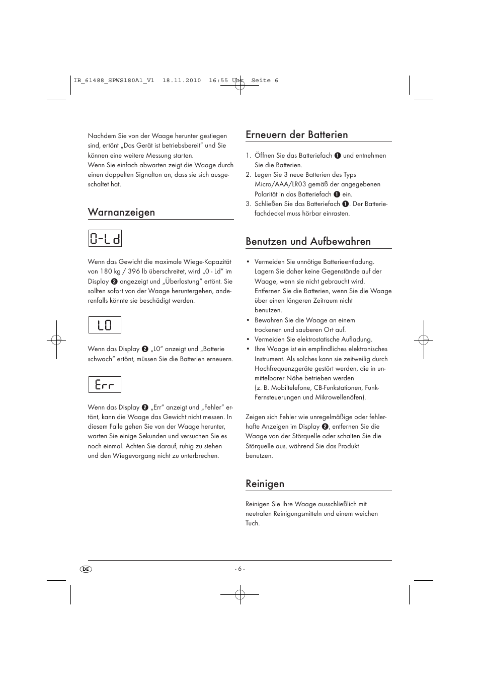 Warnanzeigen, Erneuern der batterien, Benutzen und aufbewahren | Reinigen | Silvercrest SPWS 180 A1 User Manual | Page 7 / 41