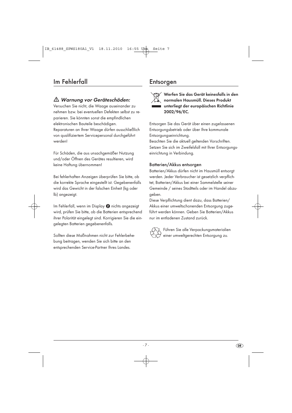 Im fehlerfall, Entsorgen | Silvercrest SPWS 180 A1 User Manual | Page 8 / 41