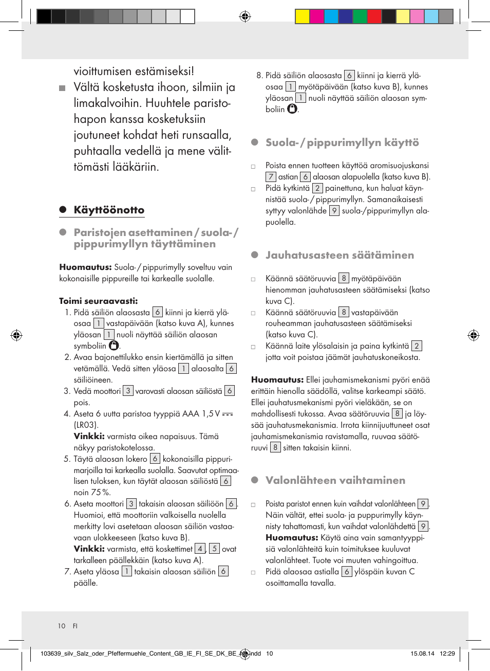 Käyttöönotto, Suola- / pippurimyllyn käyttö, Jauhatusasteen säätäminen | Valonlähteen vaihtaminen | Silvercrest Z31738/Z31738A/ Z31738B/Z31738C User Manual | Page 10 / 35