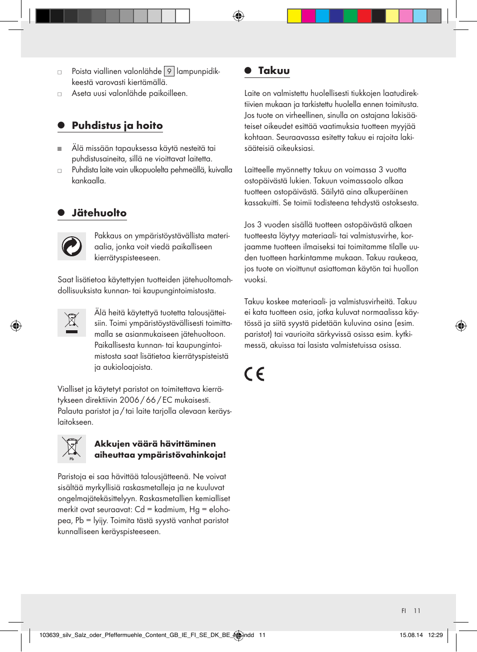Puhdistus ja hoito, Jätehuolto, Takuu | Silvercrest Z31738/Z31738A/ Z31738B/Z31738C User Manual | Page 11 / 35