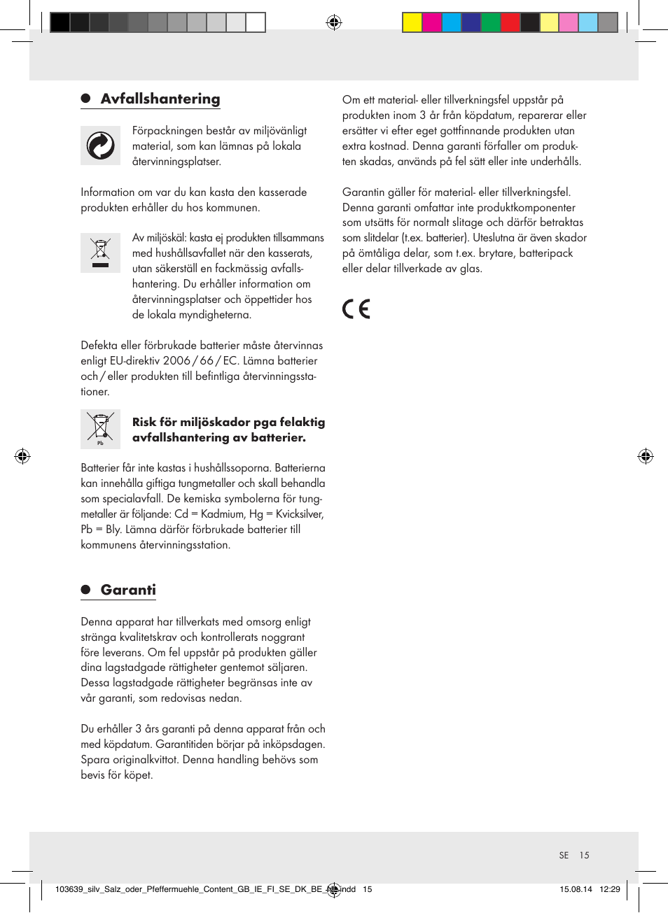 Avfallshantering, Garanti | Silvercrest Z31738/Z31738A/ Z31738B/Z31738C User Manual | Page 15 / 35