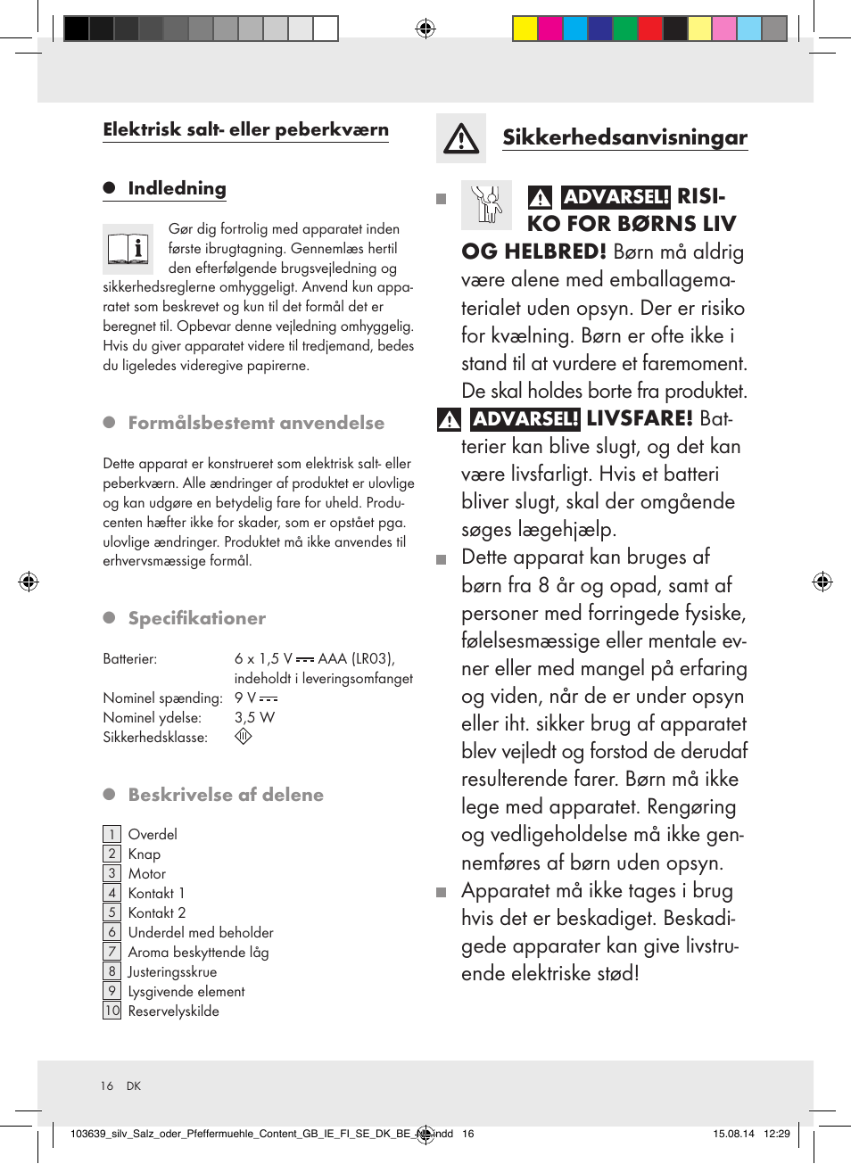 Sikkerhedsanvisningar, Advarsel | Silvercrest Z31738/Z31738A/ Z31738B/Z31738C User Manual | Page 16 / 35