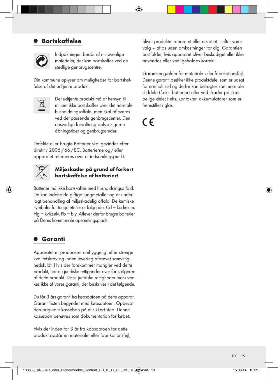 Bortskaffelse, Garanti | Silvercrest Z31738/Z31738A/ Z31738B/Z31738C User Manual | Page 19 / 35