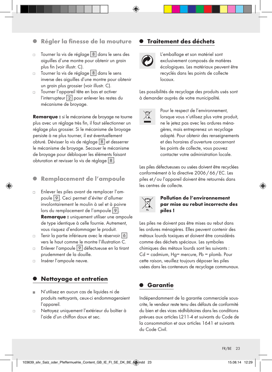 Régler la finesse de la mouture, Remplacement de l’ampoule, Nettoyage et entretien | Traitement des déchets, Garantie | Silvercrest Z31738/Z31738A/ Z31738B/Z31738C User Manual | Page 23 / 35