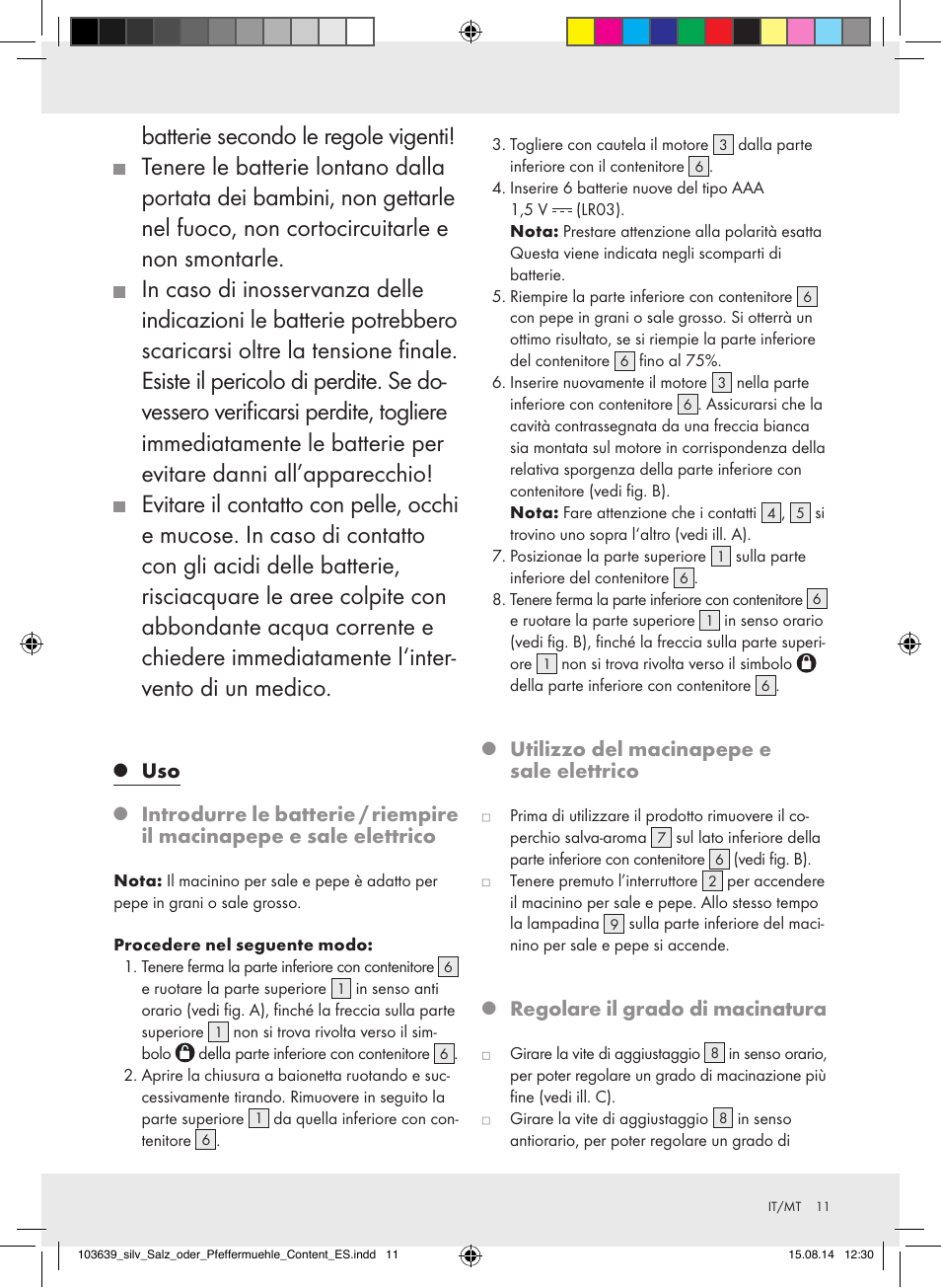 Utilizzo del macinapepe e sale elettrico, Regolare il grado di macinatura | Silvercrest Z31738/Z31738A/ Z31738B/Z31738C User Manual | Page 11 / 28