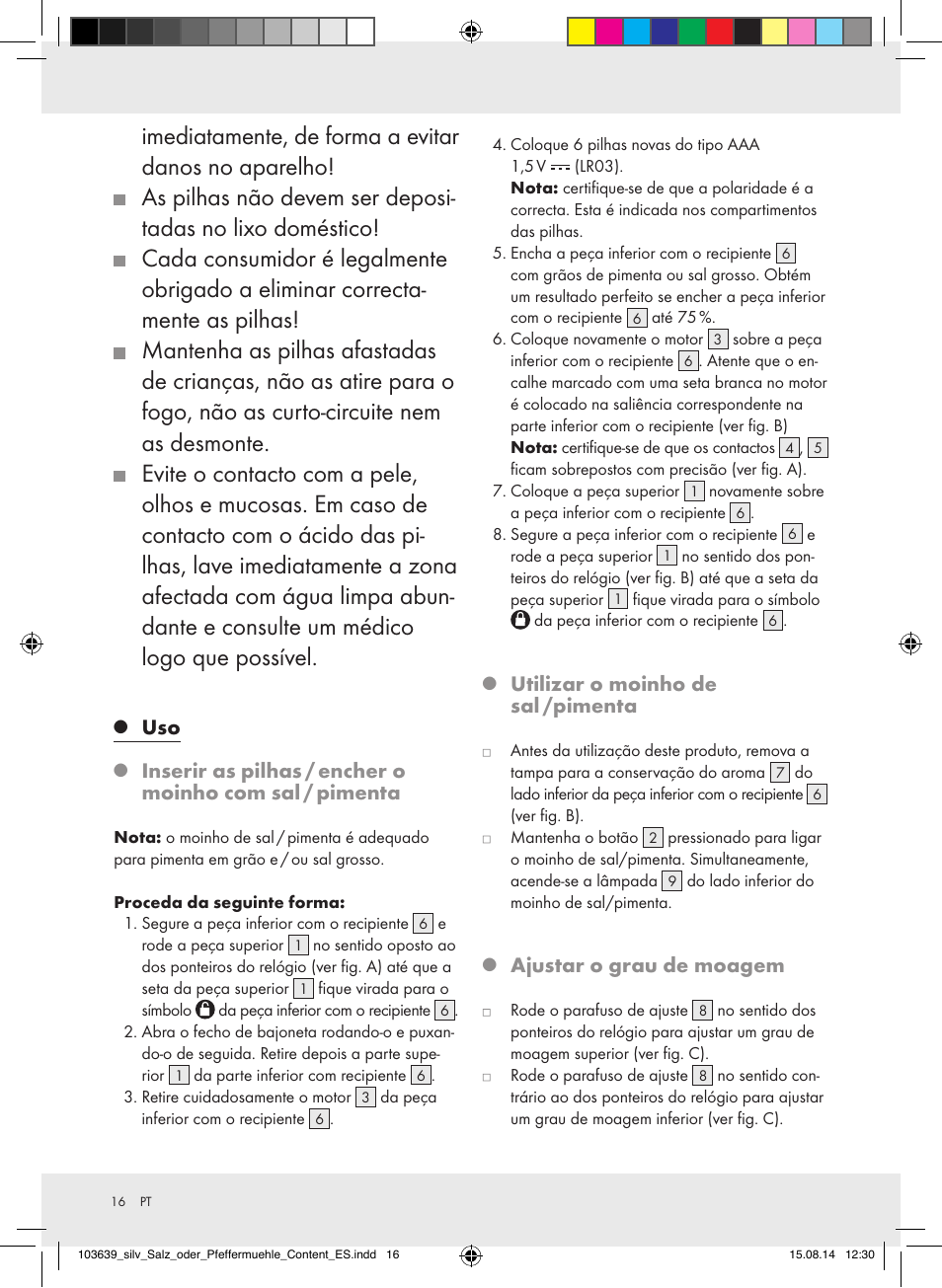 Utilizar o moinho de sal /pimenta, Ajustar o grau de moagem | Silvercrest Z31738/Z31738A/ Z31738B/Z31738C User Manual | Page 16 / 28